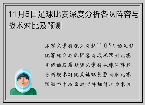 11月5日足球比赛深度分析各队阵容与战术对比及预测