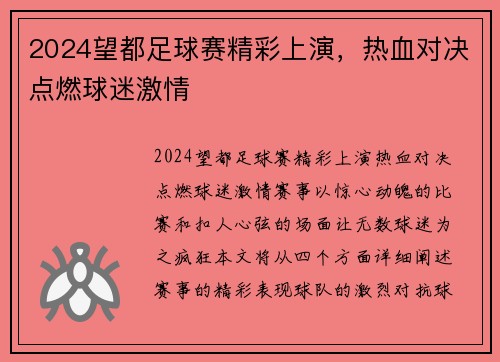 2024望都足球赛精彩上演，热血对决点燃球迷激情