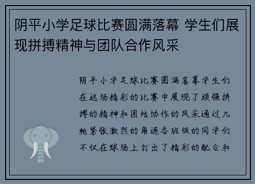 阴平小学足球比赛圆满落幕 学生们展现拼搏精神与团队合作风采