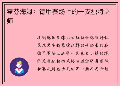 霍芬海姆：德甲赛场上的一支独特之师