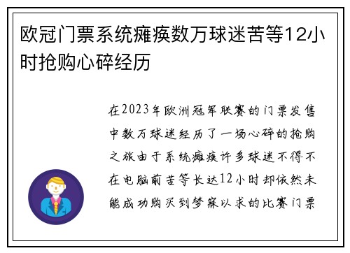 欧冠门票系统瘫痪数万球迷苦等12小时抢购心碎经历
