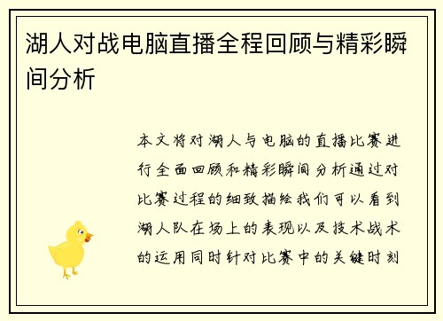 湖人对战电脑直播全程回顾与精彩瞬间分析
