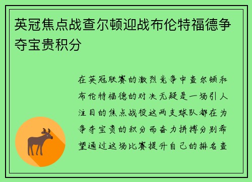 英冠焦点战查尔顿迎战布伦特福德争夺宝贵积分