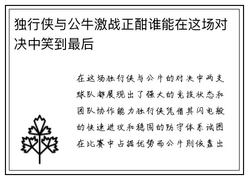 独行侠与公牛激战正酣谁能在这场对决中笑到最后