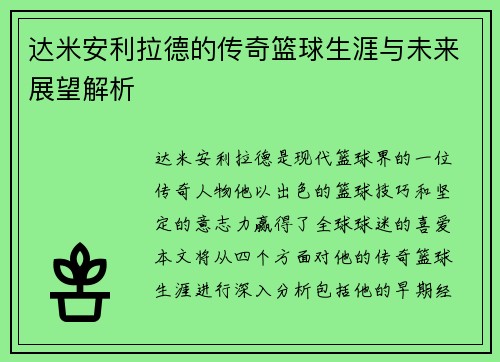 达米安利拉德的传奇篮球生涯与未来展望解析