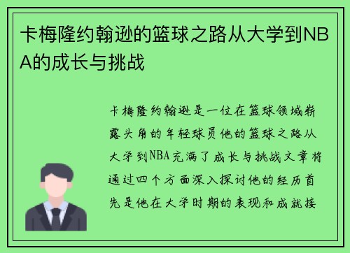 卡梅隆约翰逊的篮球之路从大学到NBA的成长与挑战