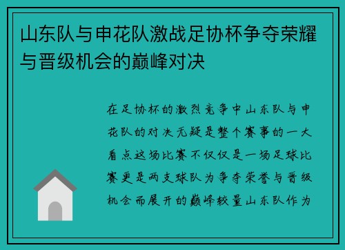 山东队与申花队激战足协杯争夺荣耀与晋级机会的巅峰对决