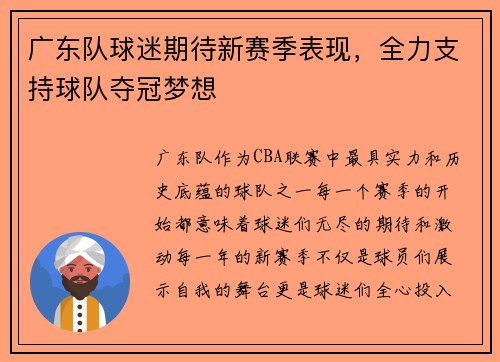 广东队球迷期待新赛季表现，全力支持球队夺冠梦想