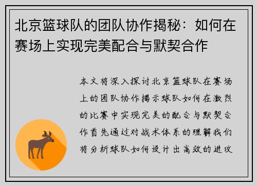 北京篮球队的团队协作揭秘：如何在赛场上实现完美配合与默契合作